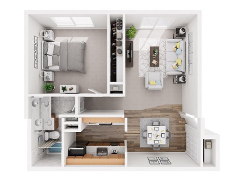 A modern, white-themed apartment layout with a kitchen, living room, and bedroom.